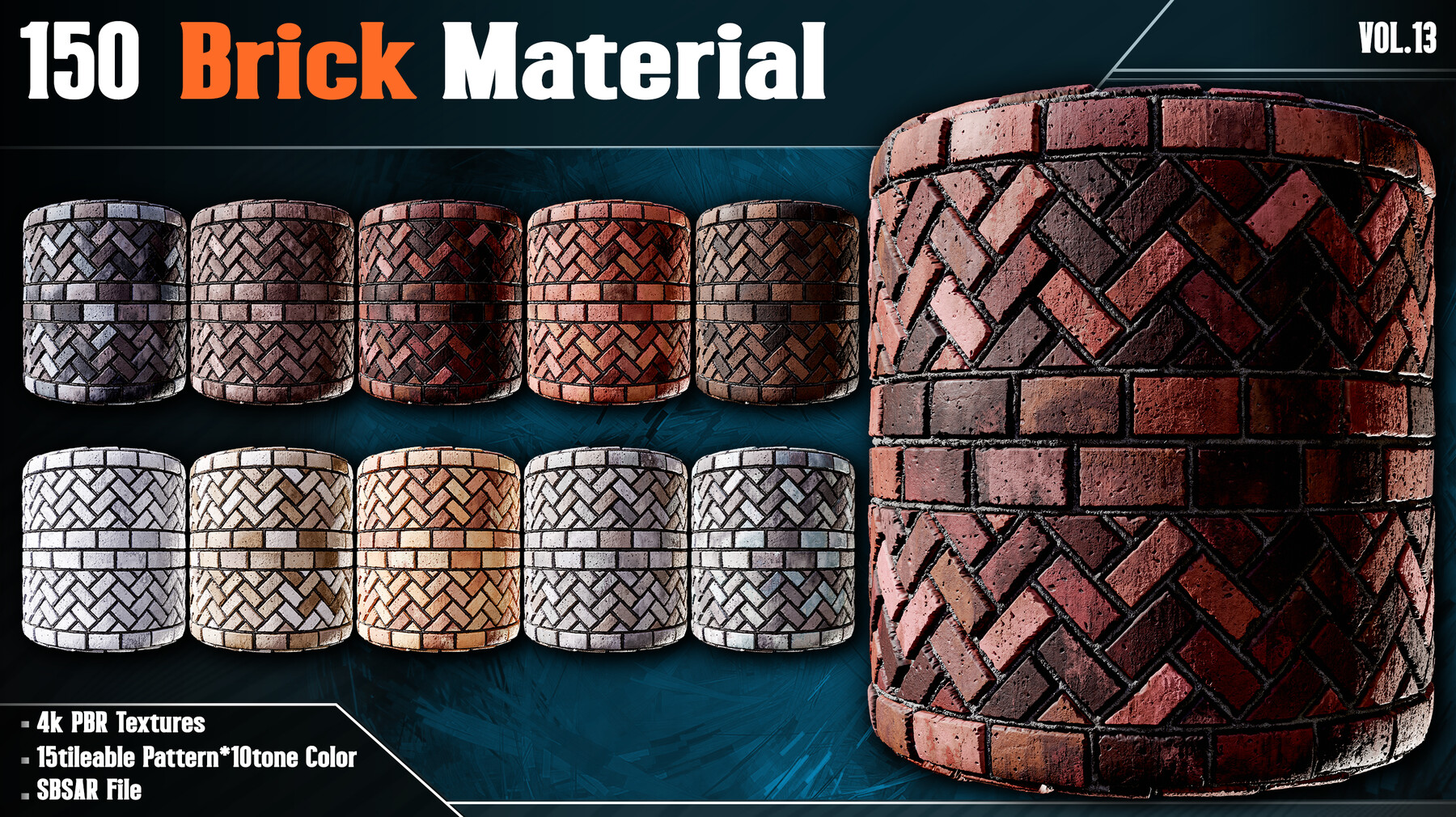 150 Brick Material - VOL.13 (4K PBR Textures + SBSAR File)